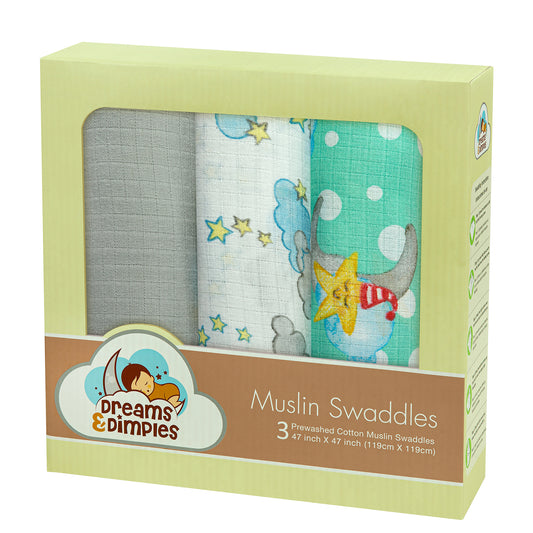 Muslin Swaddles - Pack of 3's - Dream World - Dreams & Dimples