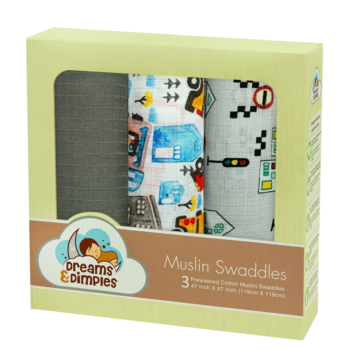 Muslin Swaddles - Pack of 3's - On the Road - Dreams & Dimples