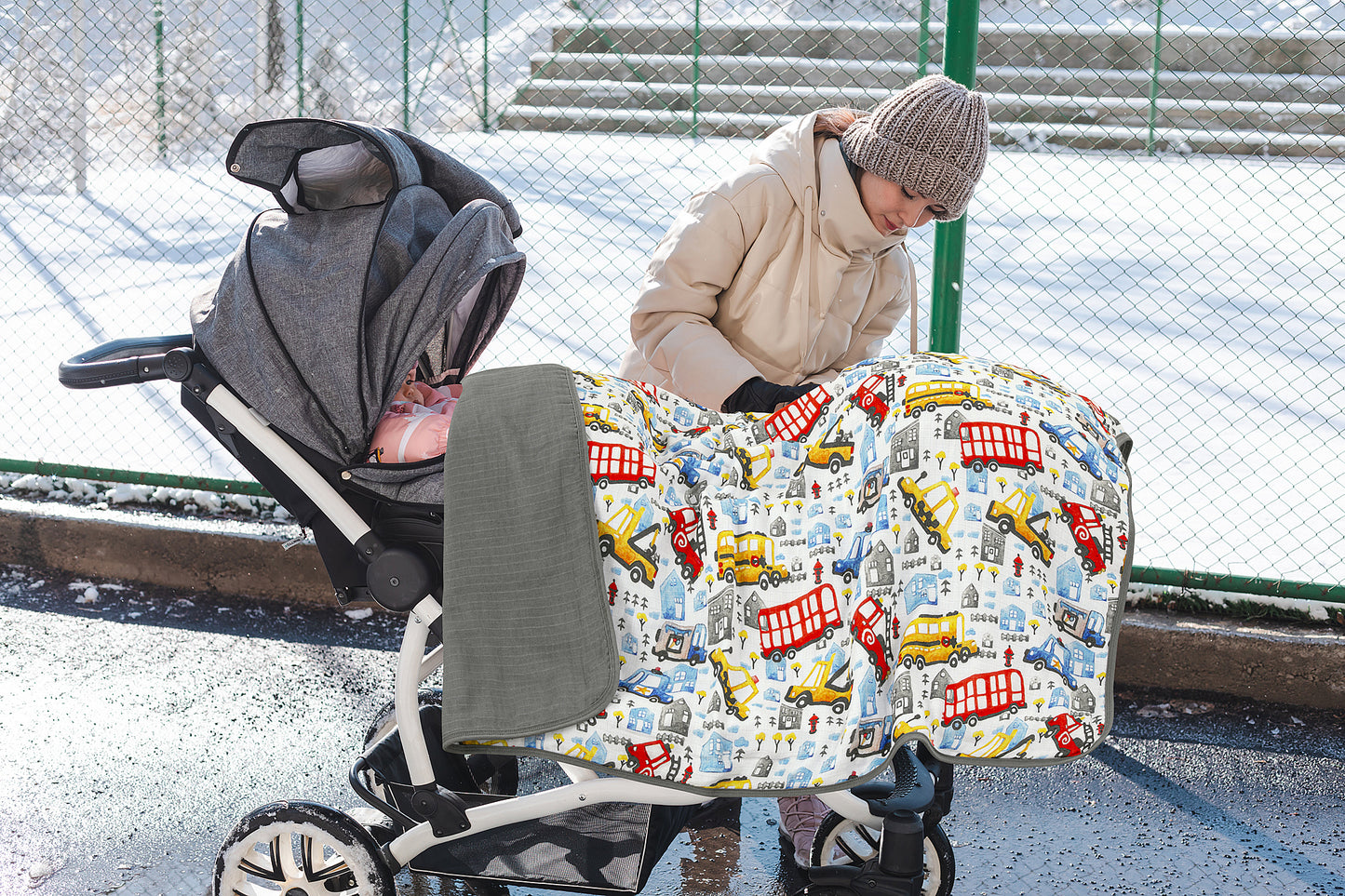 Muslin Stroller Blanket - 4 layered super soft - On The Road - Dreams & Dimples