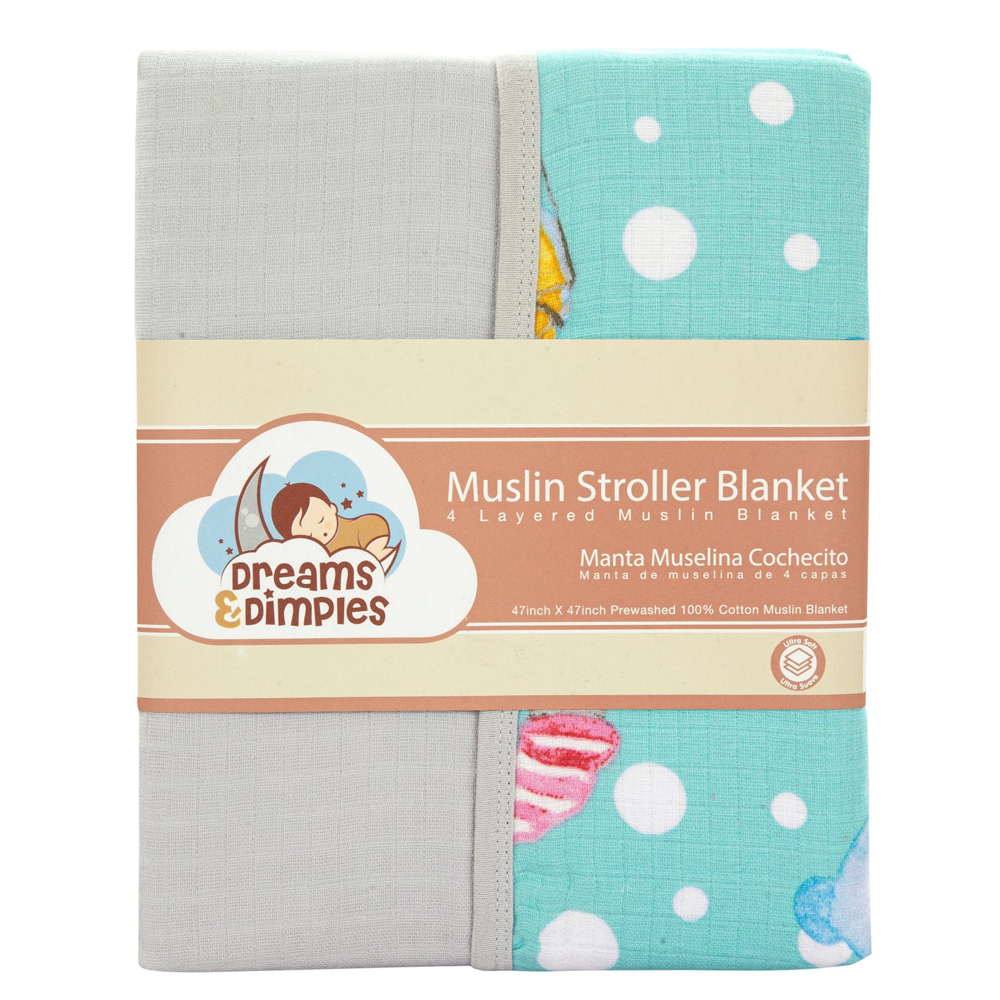 Muslin Stroller Blanket - 4 layered super soft - Dream World - Dreams & Dimples