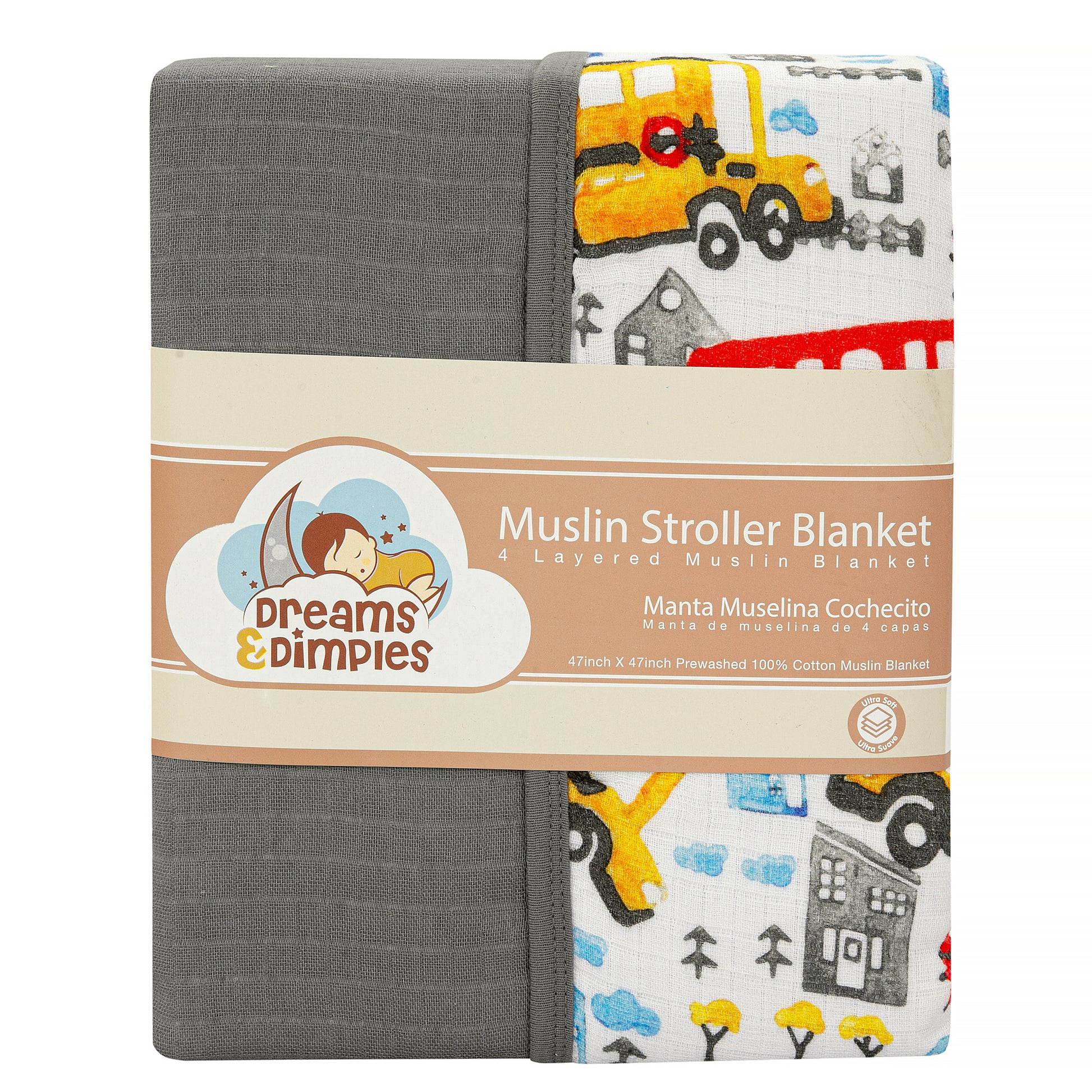 Muslin Stroller Blanket - 4 layered super soft - On The Road - Dreams & Dimples