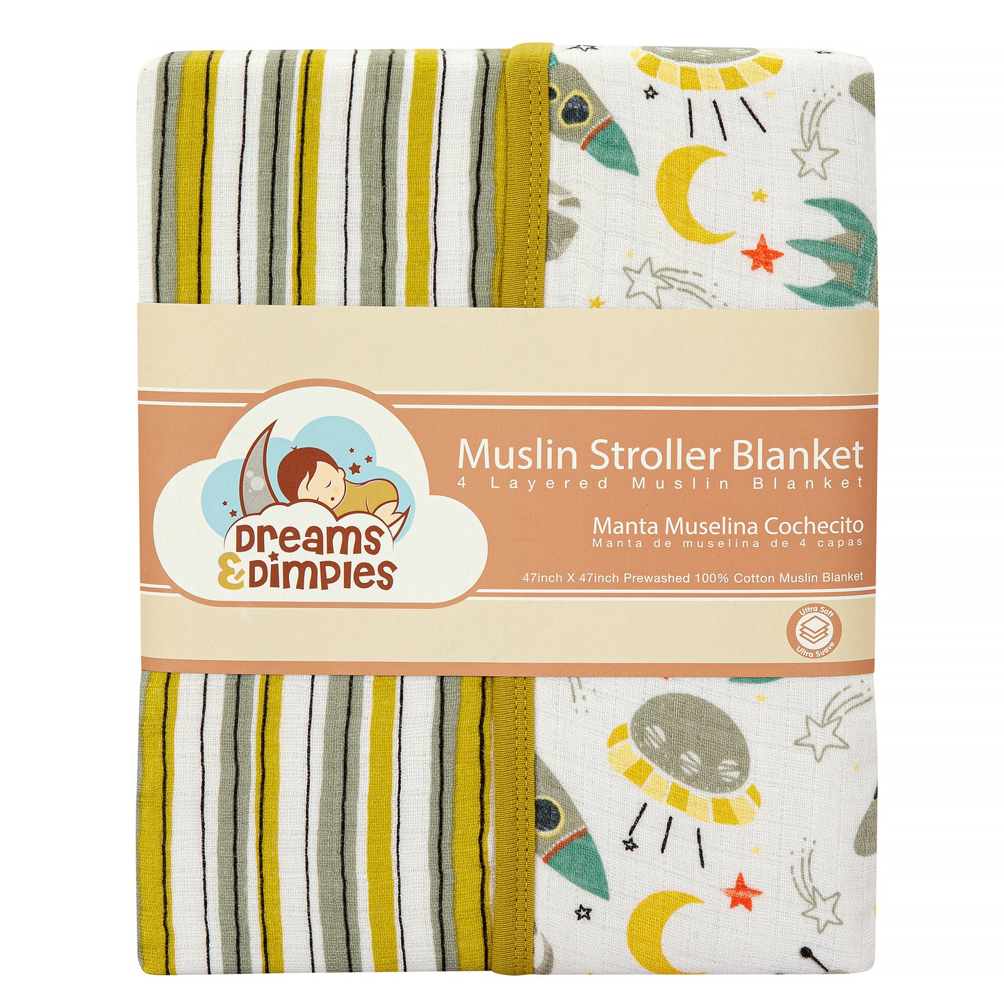 Muslin Stroller Blanket - 4 layered super soft - Gimme Some Space - Dreams & Dimples